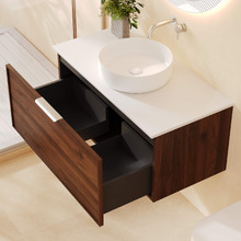 Olomana 900mm Walnut Woodmatt Wall Hung Single Vanity with Stone Countertop